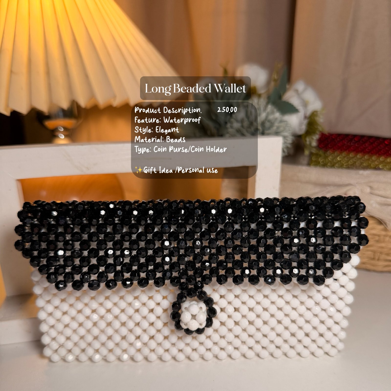 Beaded Long Wallet White & Black