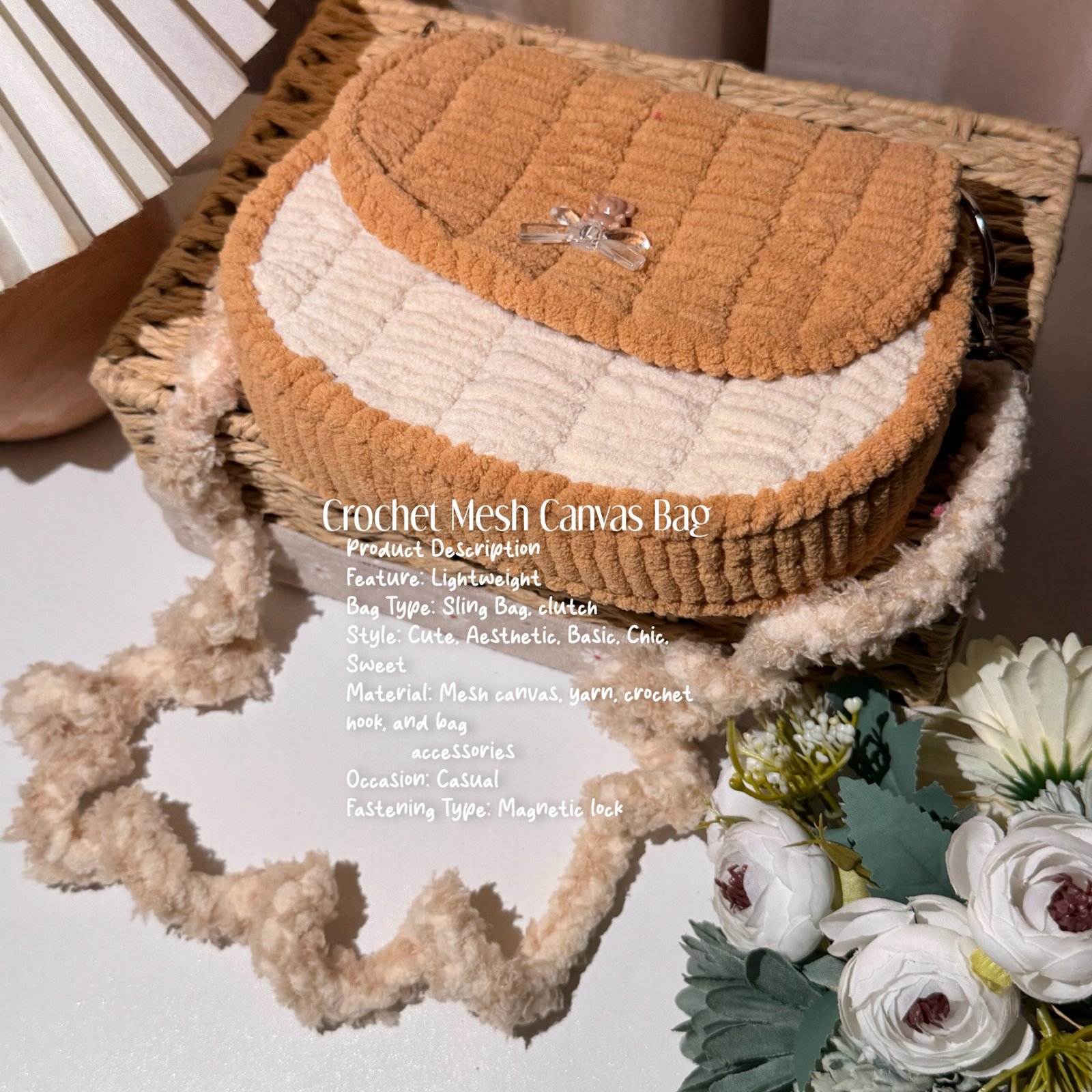 Crochet Mesh Canvass Bag White & Light Brown