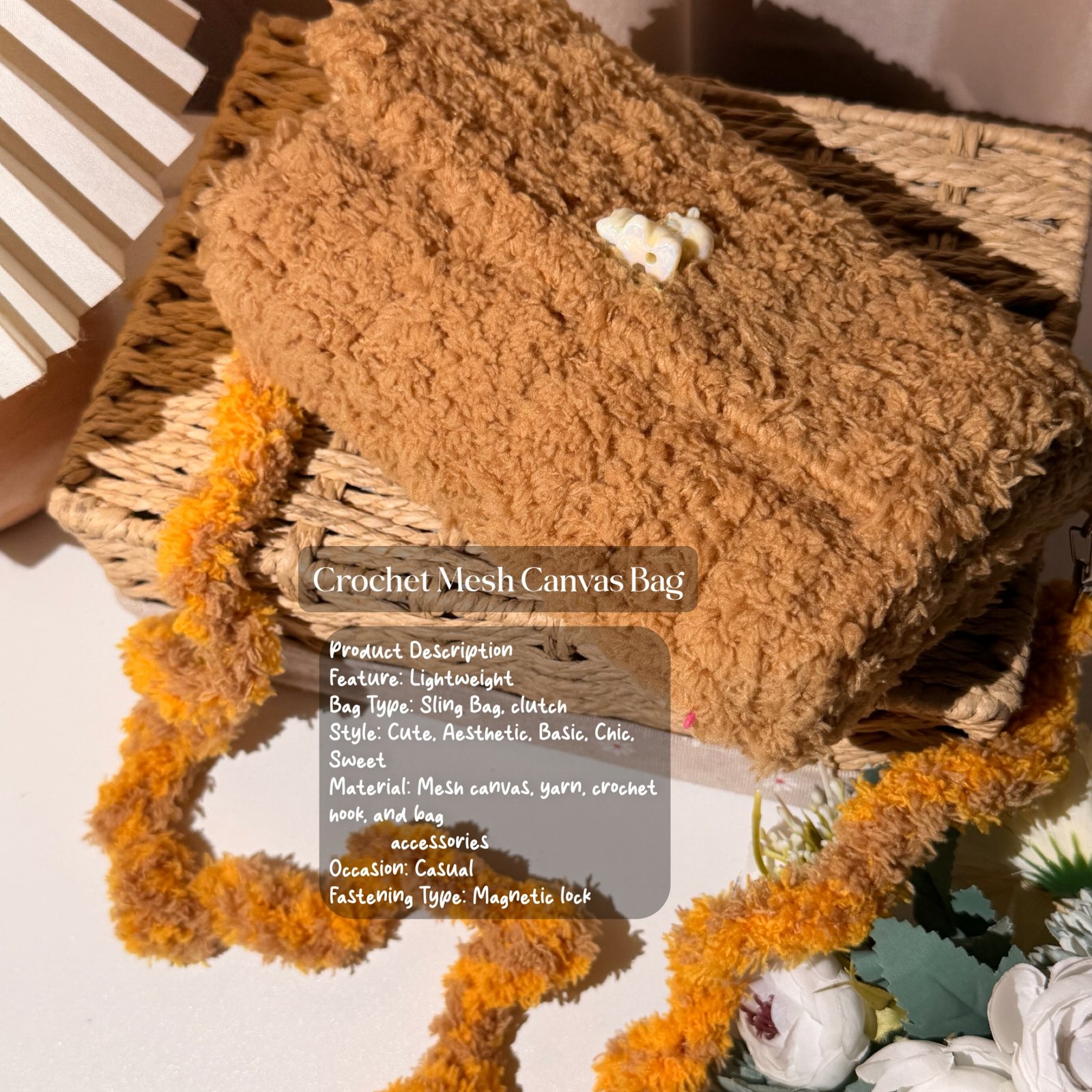 Crochet Mesh Canvass Bag Brown